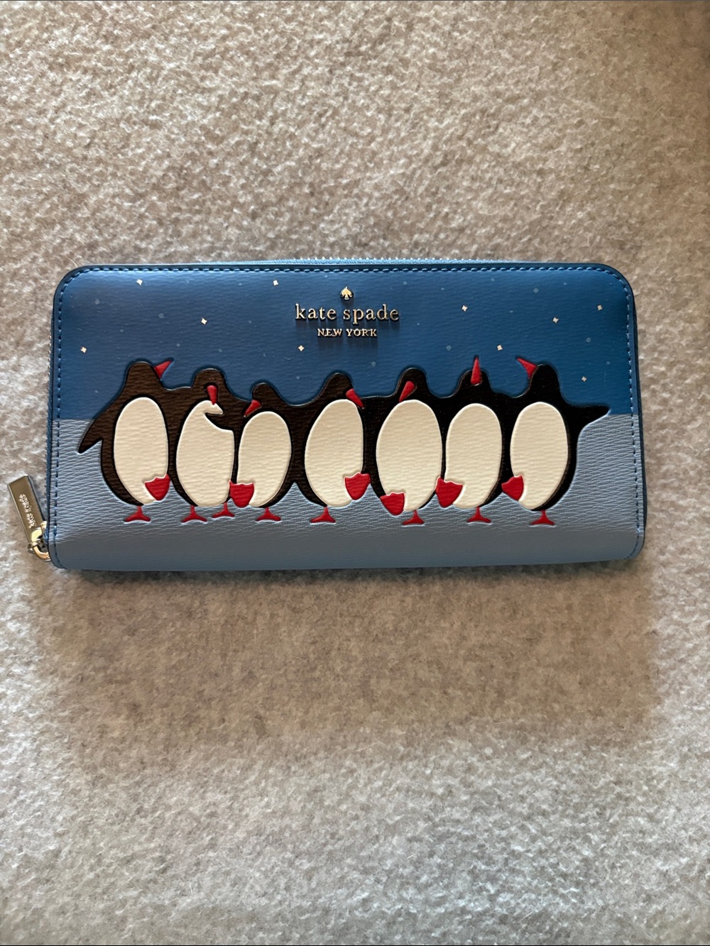 NWT Kate Spade Artic Friends Blue Penguin Appliqué Zip Wallet